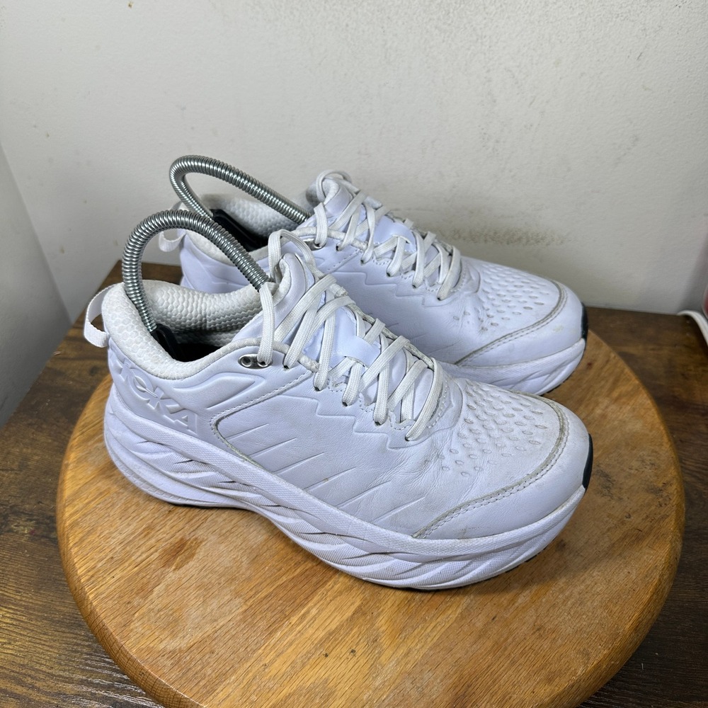 Hoka One One Bondi SR White Leather Work Shoes 1110521 WHT Womens 7